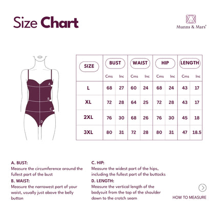 Size chart for a swimsuit with measurements in centimeters and inches, branded 'Muns & Mars'.